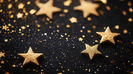 Golden stars on a black background. Christmas and New Year background.の素材
