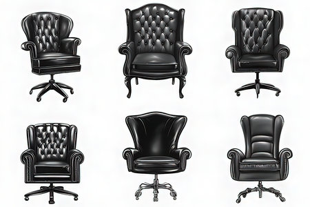 Black leather armchairs on a white background. 3d rendering.の素材