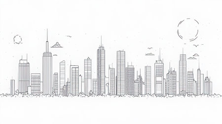 Modern cityscape. Hand drawn vector illustration. Sketch for your designの素材