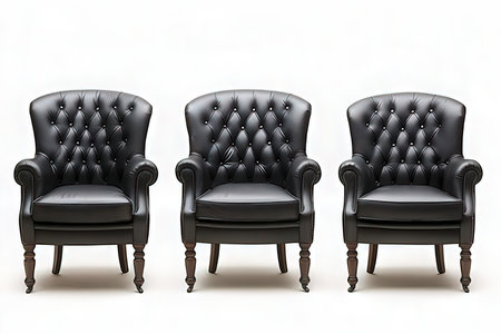 Black leather armchairs isolated on white background. 3d render.の素材