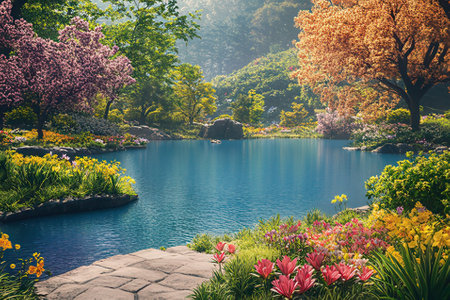 Beautiful spring garden with blooming flowers and pond. Vintage tonedの素材