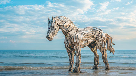 Horse sculpture on the beach with blue sky and sea background.の素材