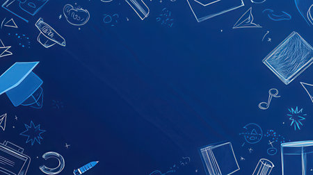 Back to school concept with school supplies on blue chalkboard background.の素材