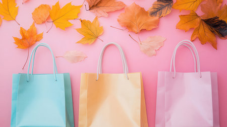 Colorful shopping bags and autumn leaves on pink background. Flat lay, top view.の素材