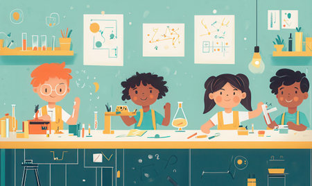 Vector illustration of kids doing science experiments in the laboratory. Flat style design.の素材