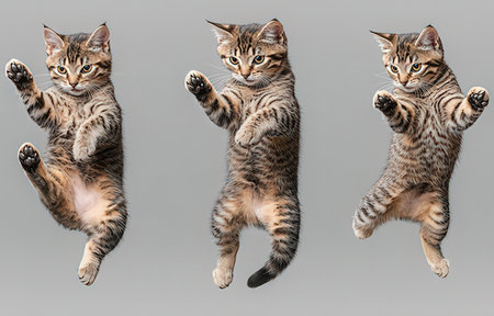 3D Illustration of a Kitten in Different Poses on a Gray Backgroundの素材