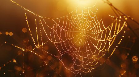 spider web with dew drops at sunrise, shallow depth of fieldの素材