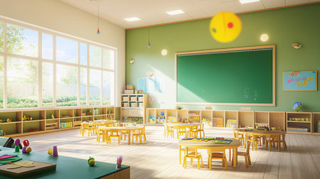 3D render of a classroom with green chalkboard and chairsの素材