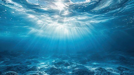 Underwater view of coral reef with sun rays coming through water surfaceの素材