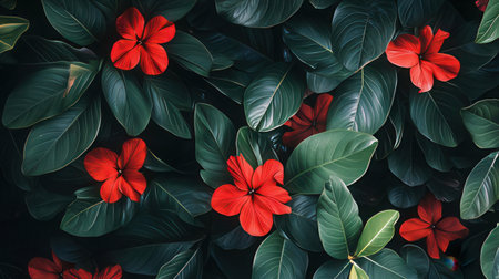 Beautiful red flowers and green leaves background. Top view, flat layの素材