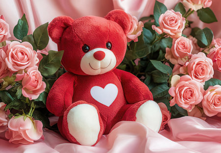 Teddy bear with heart and roses bouquet on pink silk backgroundの素材
