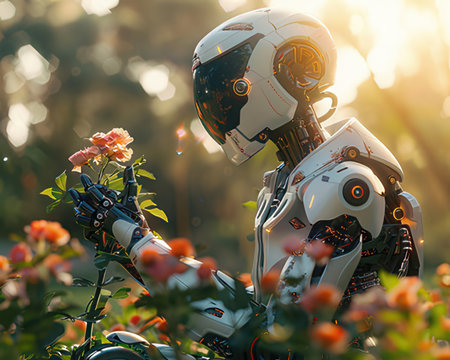 Robot in the garden with flowers. Concept of artificial intelligence.の素材