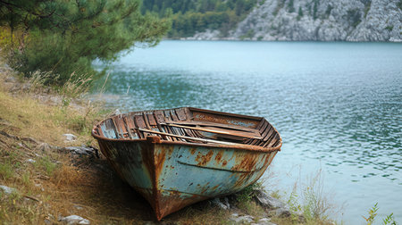 Old boat on the shore of a mountain lake in Montenegro.の素材