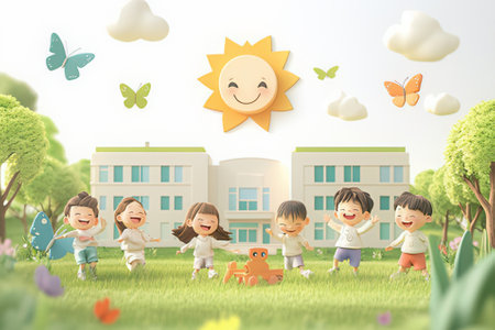 Happy kids playing in the garden.の素材