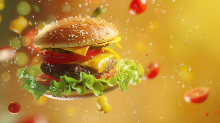 Hamburger with flying ingredients on yellow background, close-upの素材