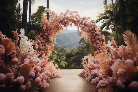 Wedding arch decorated with pink flowers in the tropical forest, Thailandの素材