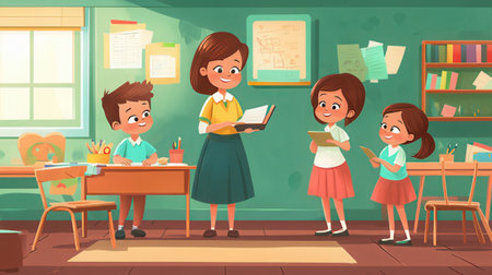 Elementary school children in classroom cartoon vector illustration. Happy schoolgirls and boys reading book, studying at desks.の素材