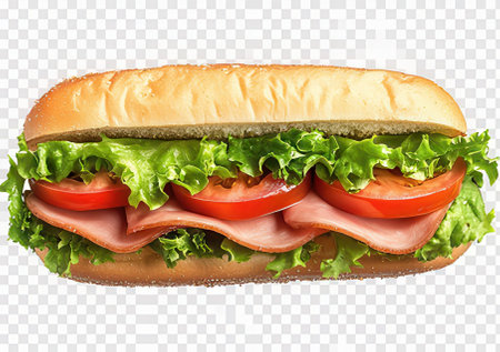Big sandwich with ham, lettuce, tomato and cheese on transparent backgroundの素材