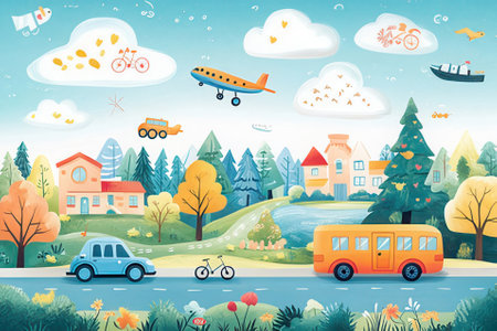 Cute cartoon landscape with cars, houses and trees. Vector illustrationの素材