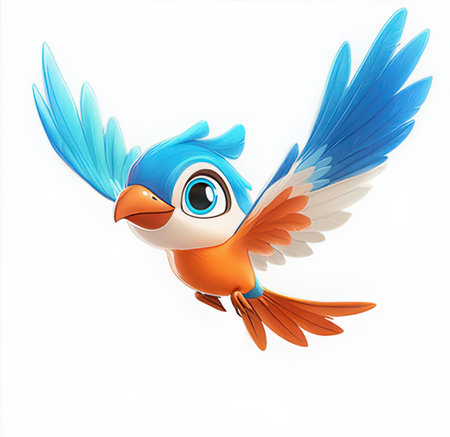 Illustration of a cute blue bird cartoon character on a white backgroundの素材