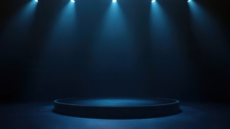 Stage podium illuminated with spotlight. Award ceremony concept. Stage backdrop.の素材