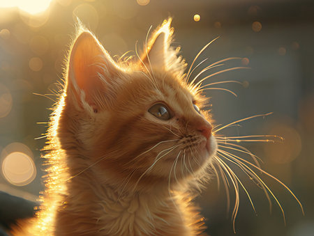 Cute ginger cat looking up at sunset in the rays of the sunの素材
