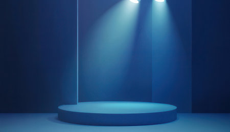 3d render of blue podium with spotlights. Showroom backgroundの素材