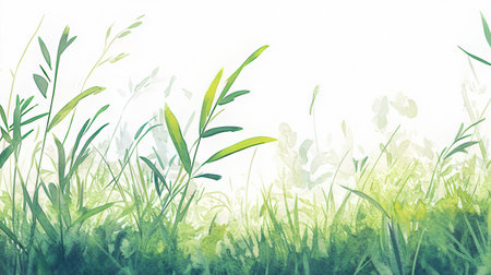 Watercolor background with grass and flowers. Hand-drawn illustration.の素材