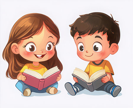 Cute little boy and girl reading a book. Vector illustration.の素材