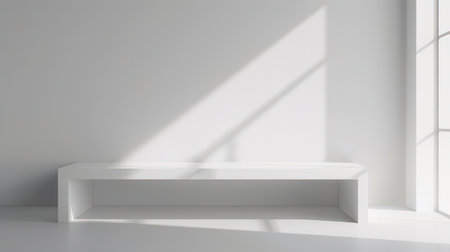 White shelf in white room with window. 3d render illustration.の素材