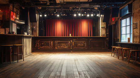 The interior of an old theater with red curtains and wooden floor.の素材
