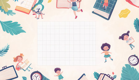 Back to school background with children and school supplies. Vector illustration.の素材