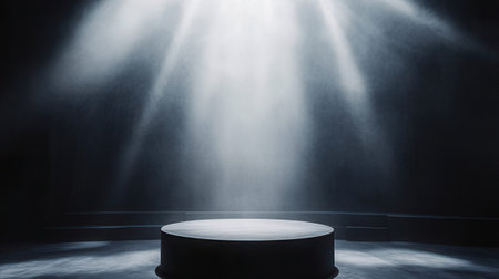 Empty podium for product presentation in dark room with spotlights. 3D Renderingの素材