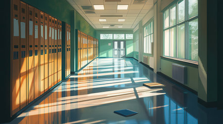 Interior of a school corridor. 3D Rendering, 3D illustration.の素材