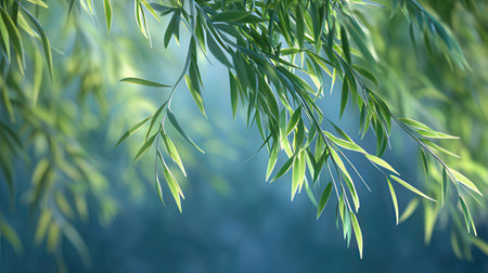 Bamboo leaves background with bokeh effect, nature wallpaper.の素材