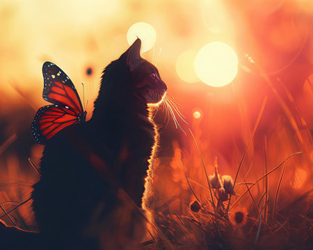 Beautiful cat with butterfly in the meadow at sunset. Sunset.の素材