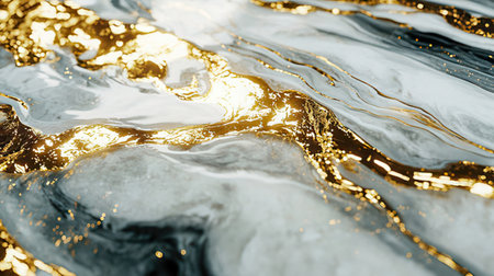 Gold and black abstract background. Liquid marble pattern with golden glitter.の素材