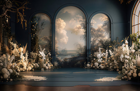 3D rendering of the interior of the room decorated with flowers.