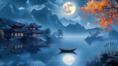 Chinese traditional house and boat on the lake at night with full moonの素材
