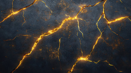 Abstract background of cracked concrete wall with yellow lightning. 3d renderingの素材
