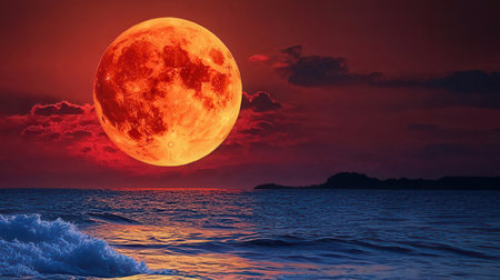 Full moon over the sea at sunset.の素材