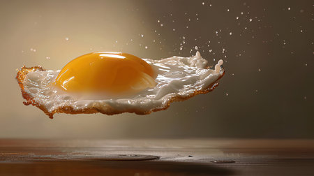 Fried egg on a wooden table with splashes of water.の素材
