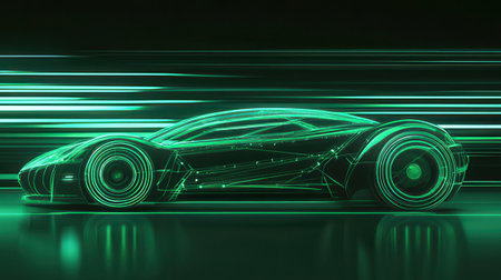 3d rendering of a green sports car on a dark background.の素材