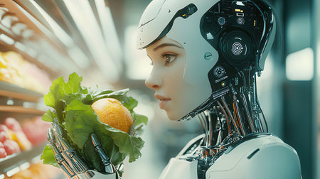 Closeup portrait of female robot holding fresh fruits and vegetables in supermarketの素材