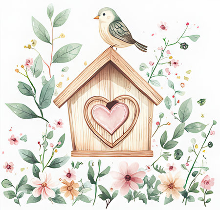 Hand drawn vector illustration of a birdhouse with a heart and flowersの素材