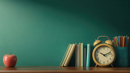 Books, alarm clock and apple on wooden table against green chalkboardの素材