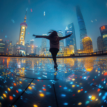 Young woman skater in the city at night, United Arab Emiratesの素材