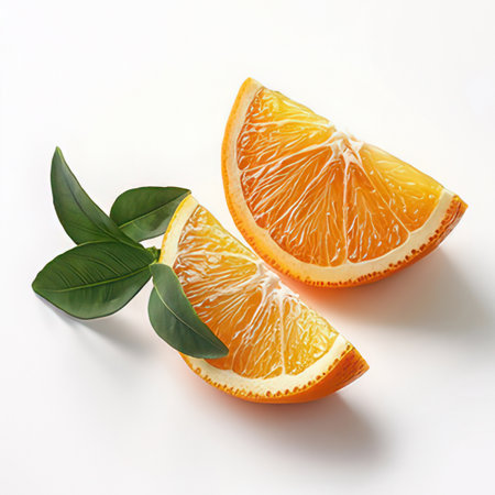 Slices of orange fruit with green leaves on white background.の素材