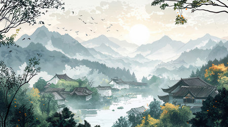 Mountain landscape with lake and chinese traditional houses. Digital paintingの素材