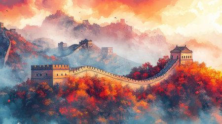 Majestic Great Wall of China at sunset. Digital painting.の素材